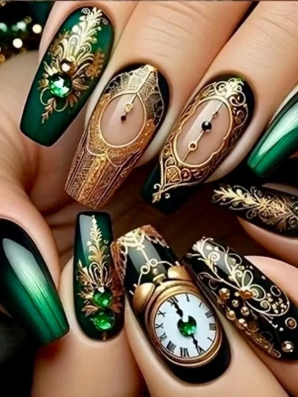 New -Beautiful 24Pcs -Vintage Inspired Reusable Press-On-Nails Set